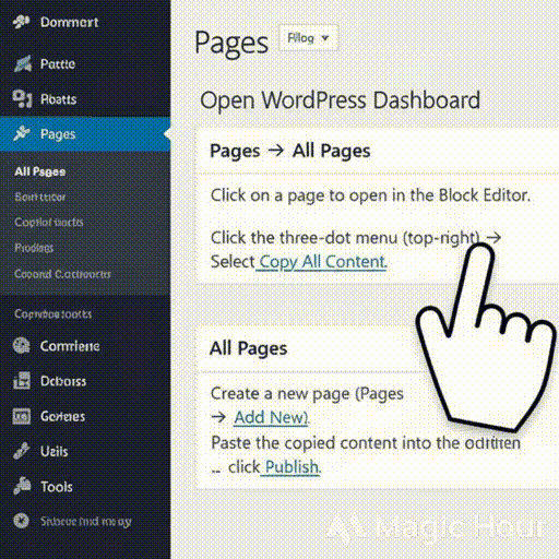 Step-by-step screen recording showing how to duplicate a page in WordPress manually
