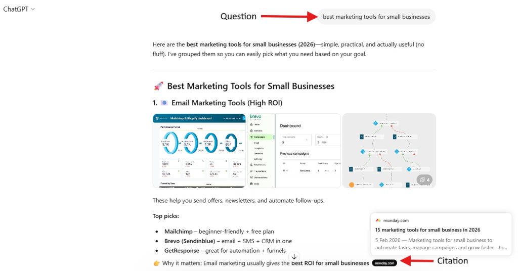 ChatGPT response on "best marketing tools for businesses